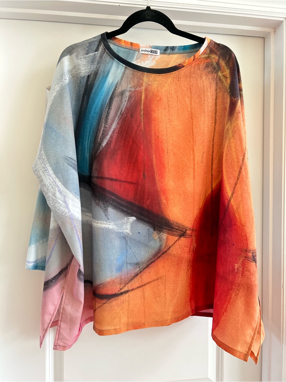 Andrea Geer Abstract Tunic Top Oversized Art to Wear Orange Red Blue